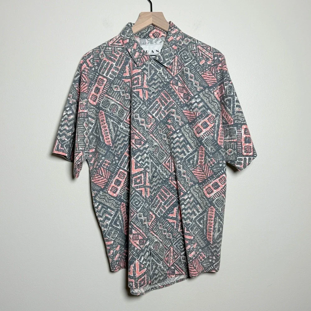 Frank VTG Mens Button Up Shirt M Gray Pink Geometric Tribal 90s Streetwear